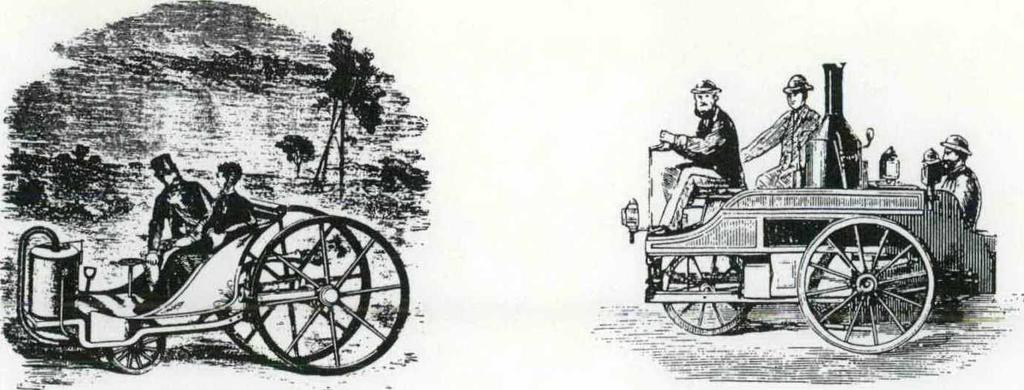 8. Engelska ångvagnar från 1869 och 1870 visar utvecklingen mot ett fordon som frigjorts från den klassiska hästvagnskonstruktionen.