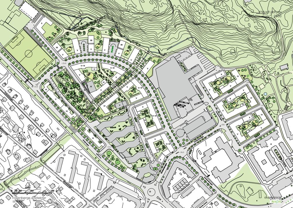 Strukturplan för utveckling av Kv. Kabelverket 2 till nytt bostadsområde. Totalt planeras ca 1400 lägenheter inom kv Kabelverket (ca 1000) och Sandaletten (ca 400).