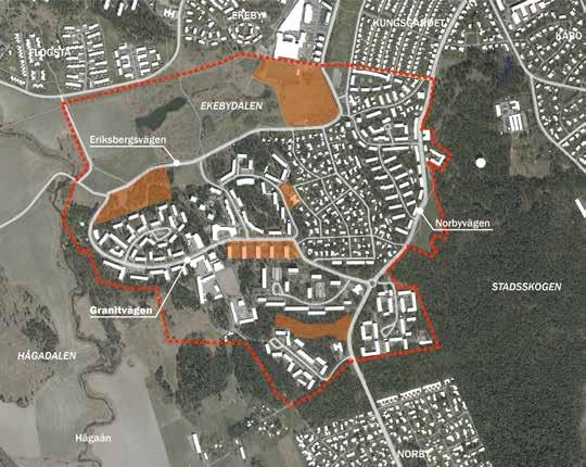 Genomförande 1. 2. 3. 4. 5. Karta som visar den första tilltänkta etappen i Eriksberg och Ekebydalen för detaljplanering. 1. Ekebydalen, idrott och park. 2. Hammarparken, bostäder och förskola.