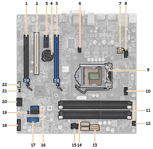 Komponenter på moderkortet Figur 1. Komponenterna på moderkortet 1. PCI Express x16-kortplats (inkopplad som x4) 2. PCI-kortplats 3. PCIe x1-fack 4. knappcellsbatteri 5. PCI Express x16-kortplats 6.