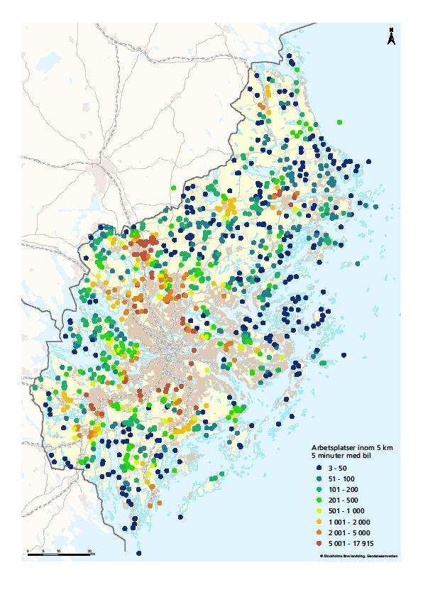 Figur X. Arbetsplatsers placering (arbetsplatser inom 5 km/5 min med bil) Källa: SCB, Tillväxt- och regionplaneförvaltningen.