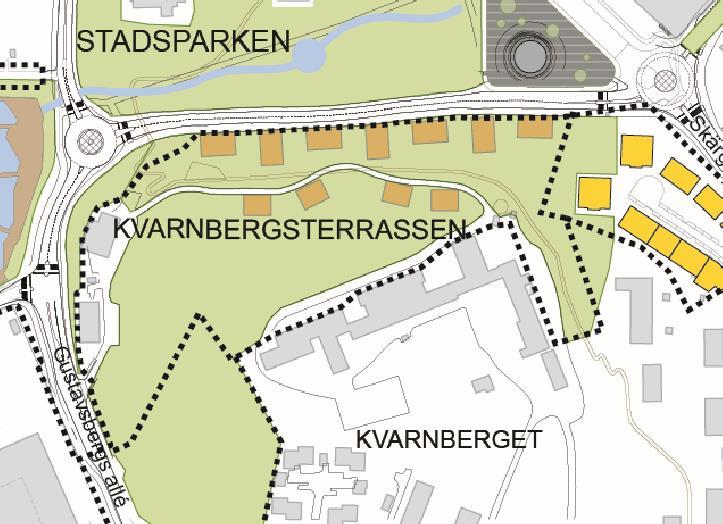 2 av 7 bebyggelse i Kvarnbergets sluttning. Beslutet gav nya förutsättningar för det kommande planarbetet för Kvarnbergsterrassen och efter det har flera olika bebyggelseförslag utretts.