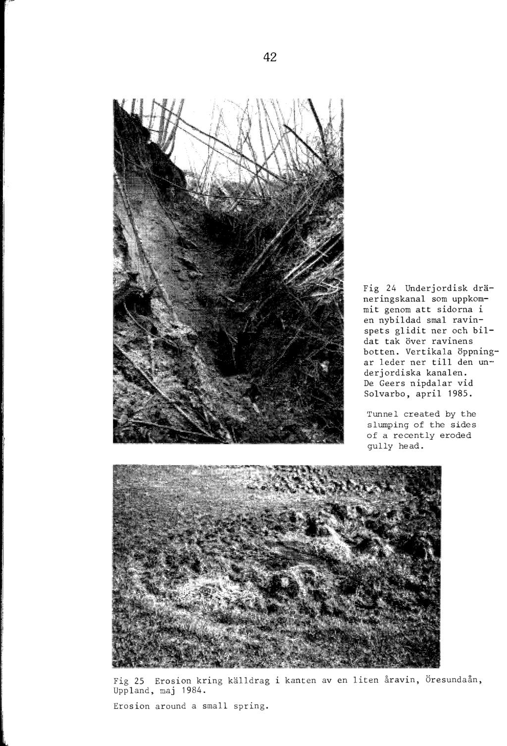 42 Fig 24 Underjordisk dräneringskana som uppkommit genom att sidorna i en nybidad sma ravinspets gidit ner och bidat tak över ravinens botten. Vertikaa öppningar eder ner ti den underjordiska kanaen.