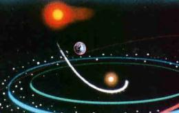 Bilden illustrerar ett dubbelstjärnesystem, dels bestående av en proton-proton-stjärna med sina planeter och dels av en neutronstjärna med sina 7 planeter.