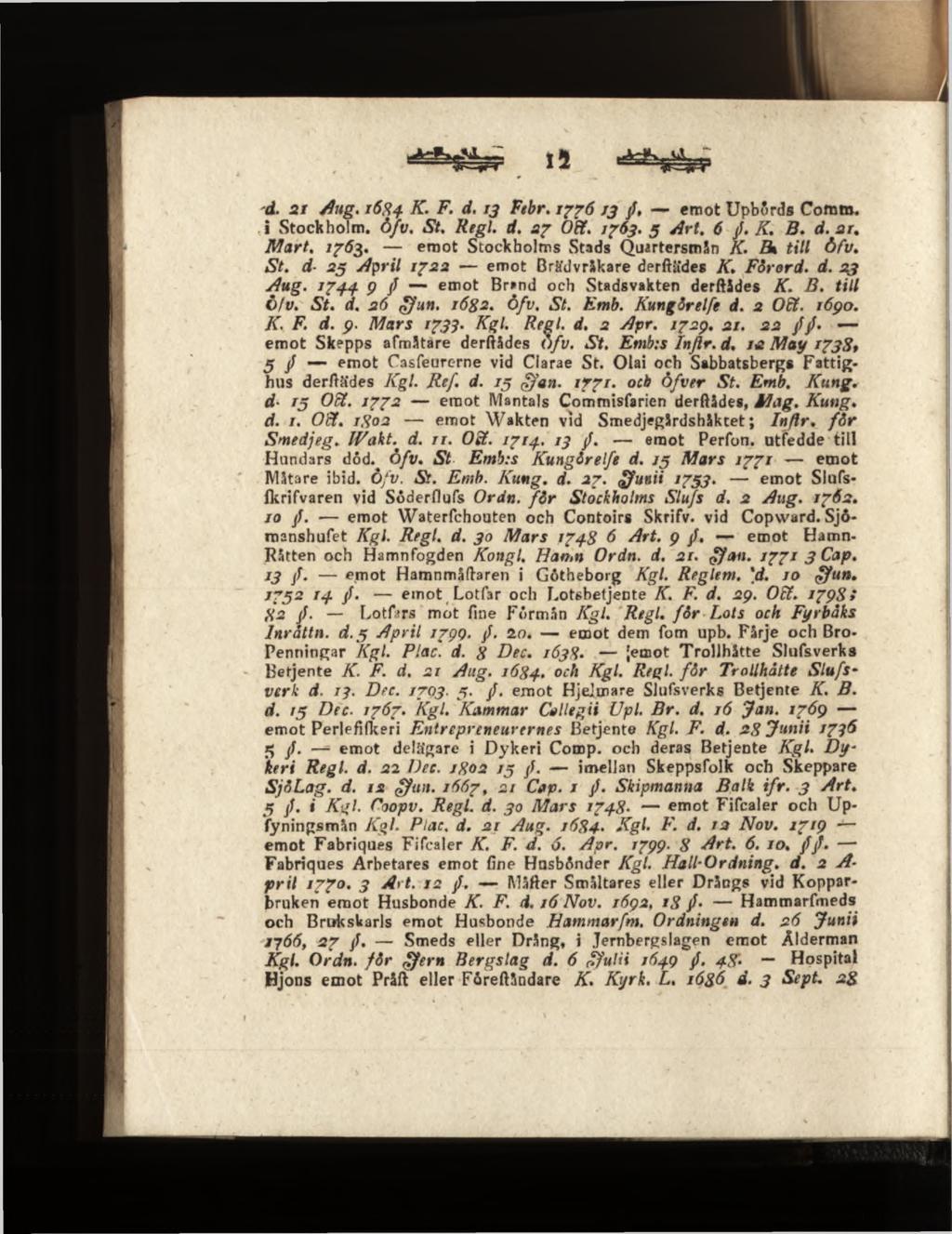 d. 21 A ug. 1684 K. F. d. 13 Febr. 1776 13 ff, emot Upbürds Comm. i Stockholm. 0/v. St. Kegl. d. 07 Oft. 1763. 5 A rt. 6 ff. K. B. d. 2 r. M art. 176-3. emot Stockholms Stads Quartersmän K.