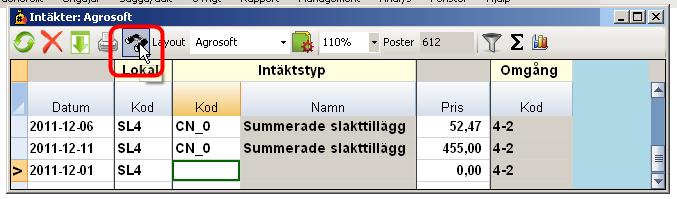 Intäkter Under fliken Övrigt, Intäkter visas tillägg från slakteriet i form av kod CN_0 Lägg till en intäkt