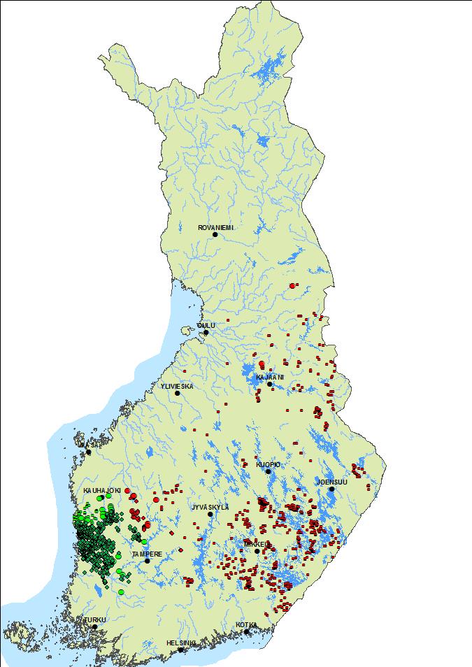 Bild 54. Utbredning av europeisk bäver (gröna punkter) och kanadensisk bäver (röda punkter) i Finland (t.v.) och längs Österbottens kust, i södra Österbotten samt i landskapen Satakunta och Birkaland (t.