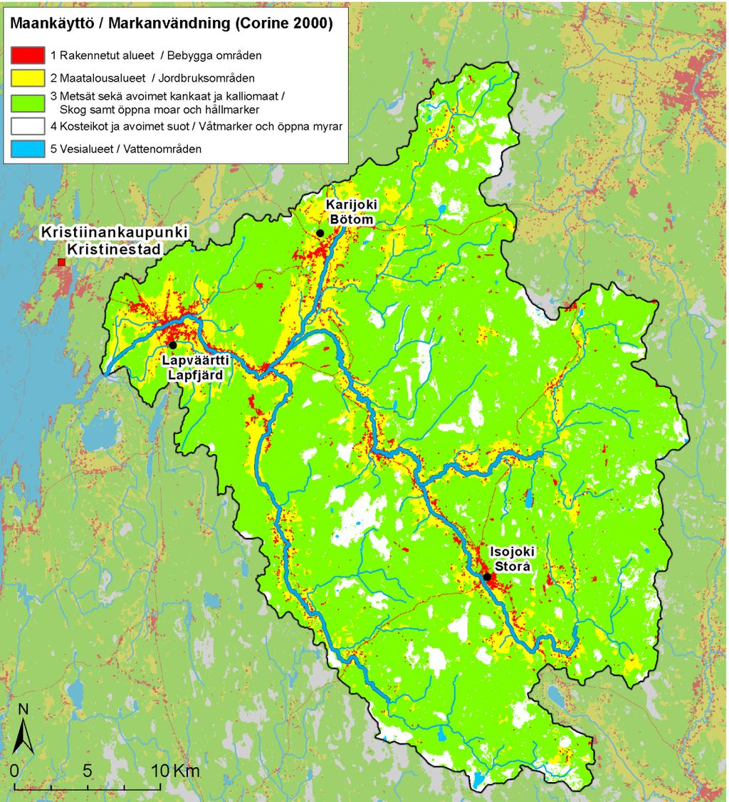 Finlands miljöcentral, NTM-centralen i Södra Österbotten 2011; Corine 2000 Markanvändningsklass Yta [ha] % Bebyggda områden 3 288 3,0 Jordbruksområden 14 737 13,4 Skog samt öppna