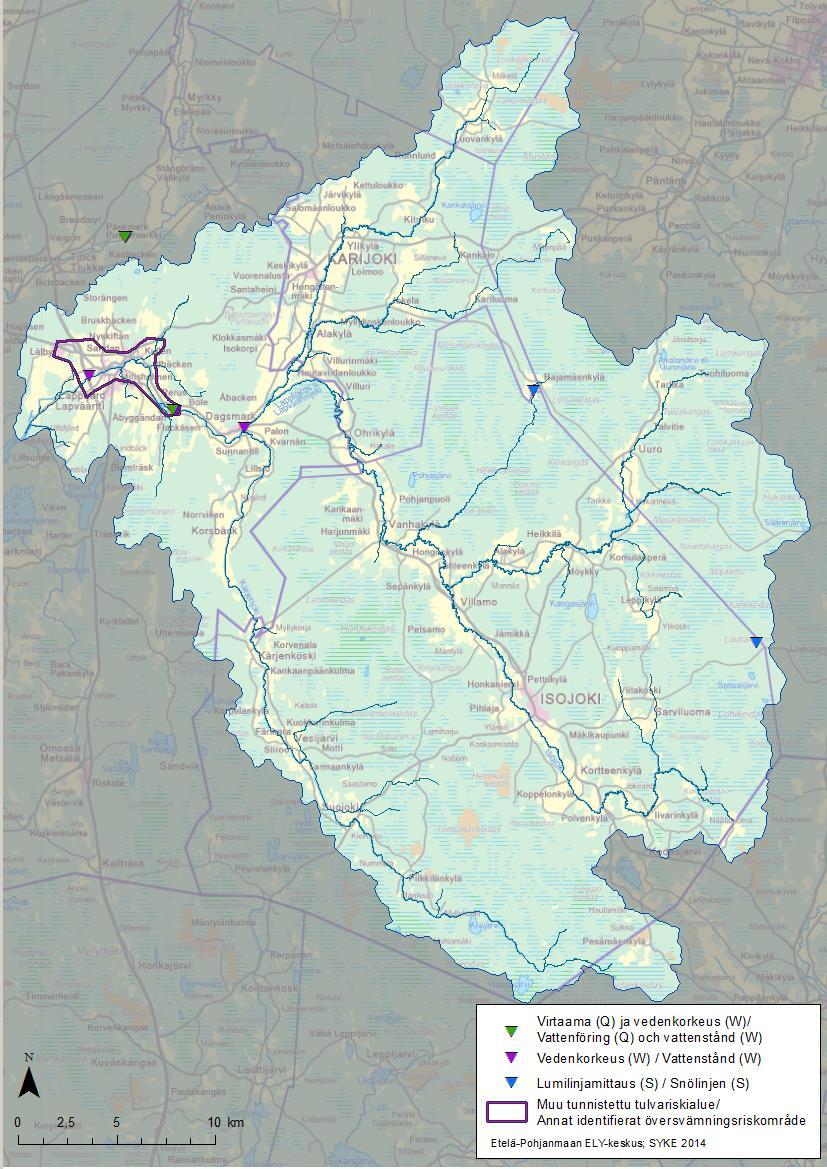 Bild 12. Centrala hydrologiska mätstationer i Lappfjärds ås avrinningsområde 2014. Observationerna från alla stationer sparas i miljöförvaltningens databas HYDRO.