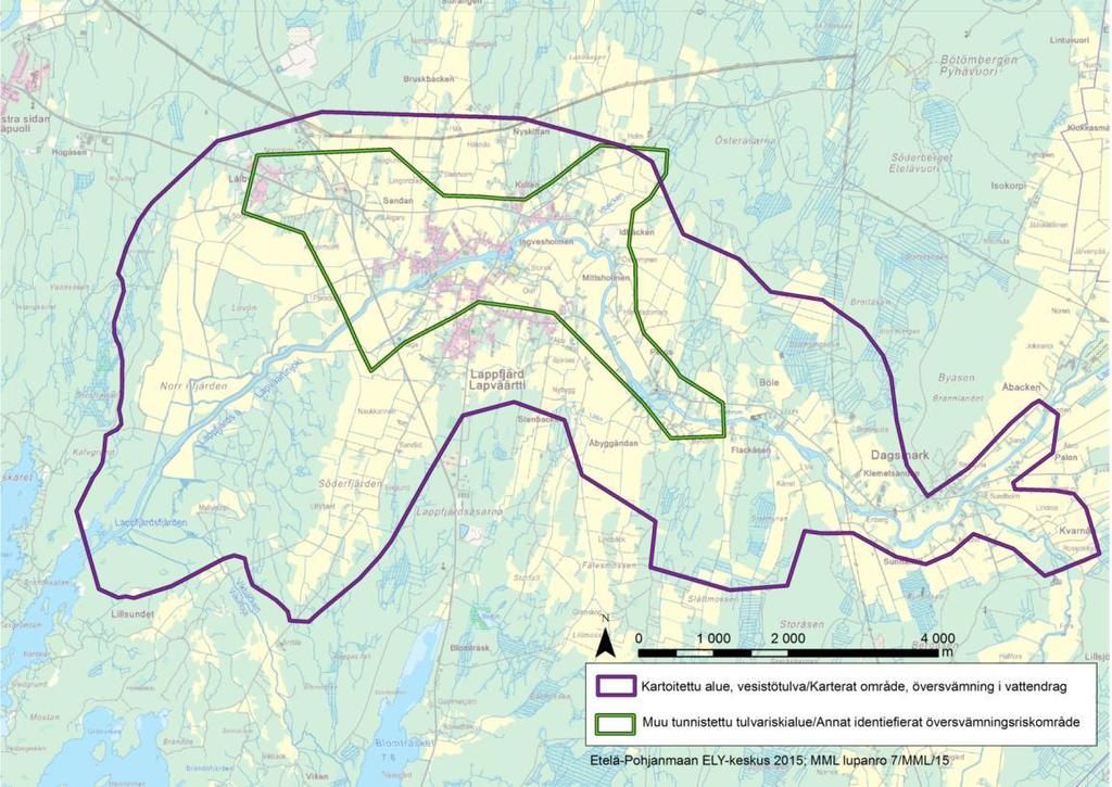 På Lappfjärds ås avrinningsområde har ett enhetligt område från Lappfjärds åmynning till Dagsmark kartlagts i fråga om översvämningshotade områden och översvämningsrisker (Bild 33).