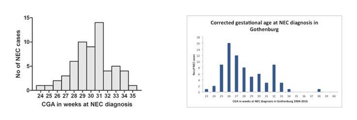 current project. The importance of studies in a Scandinavian setting is exemplified in figure 2 showing the corrected gestational age in weeks at NEC diagnosis.