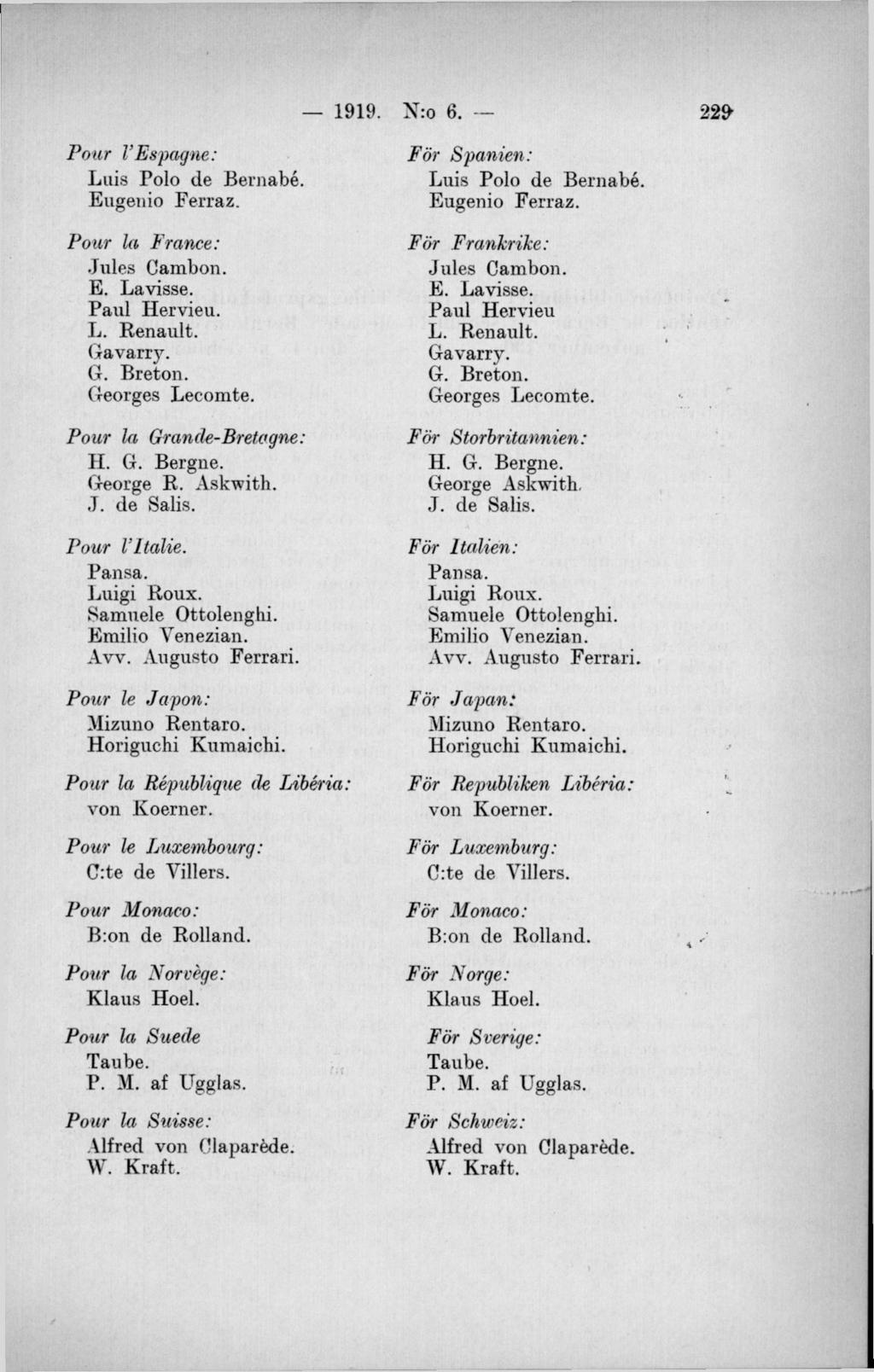 Four VEspagne: Luis Polo de Bernabé. Eugenio Ferraz. Four la France: Jules Cambon. E. La visse. Paul Hervieu. L. Renault. Gavarry. G. Breton. Georges Lecomte. Four la Grancle-Bretogne: H. G. Bergne.