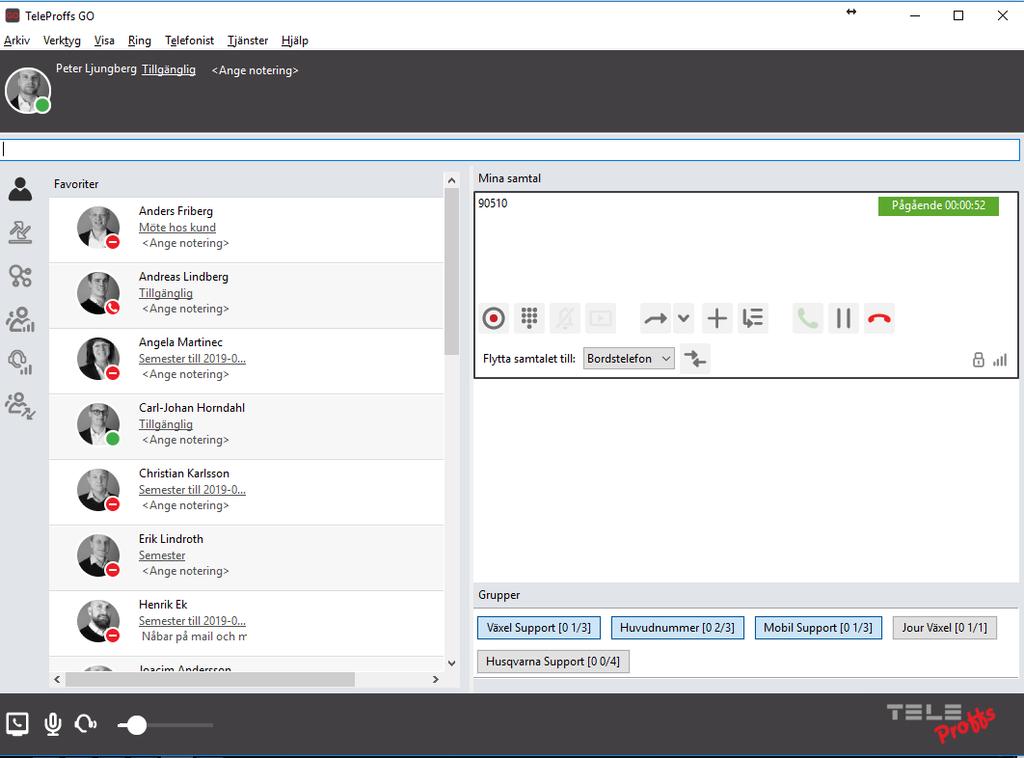 Softphone 1 2 4 A B C D 3 Softphone finns i Normalvy och Telefonistvy. Detta ändras i rullgardinsmenyn Visa längst upp i softphonen.