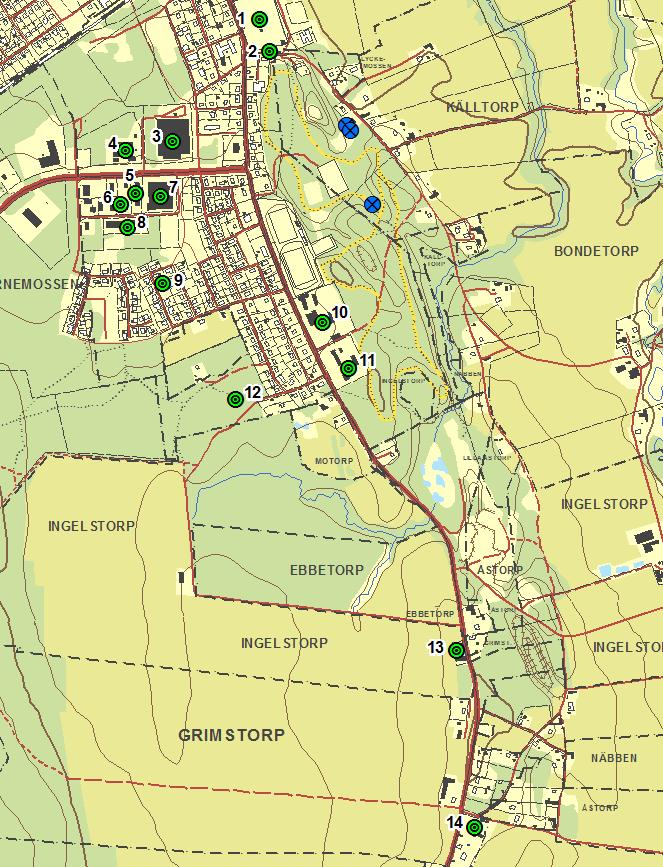 1 Kyrkogård (U) 2 Återvinningsstation (U) 3 Verkstadsindustri (B) 4 Ytbehandling/Panncentral (B/C) 5 Legotillverkning (U) 6 Verkstadsindustri (U) 7 Plasttillverkning (C) 8 Verkstadsindustri (U) 9