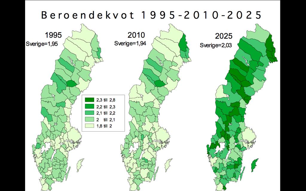 Som kartan visar är det i stort sett bara Mälardalen, Göteborg, Malmö samt Åre som har en gynnsam befolkningsutveckling och en beroendekvot som möjliggör ett fullgott skatteunderlag för en