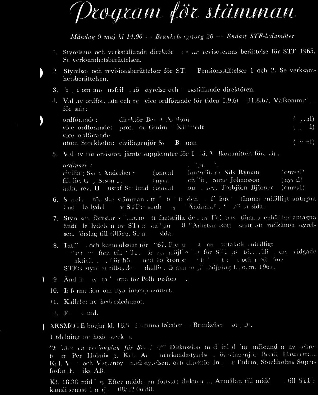 Val av tre revisorer jämte suppleanter för 1966. Valkommittén föreslår: ordinarie: suppleanter: civiling Sven Anderberg (omval) lantmätare Nils Ryman (omval) fil. lic.