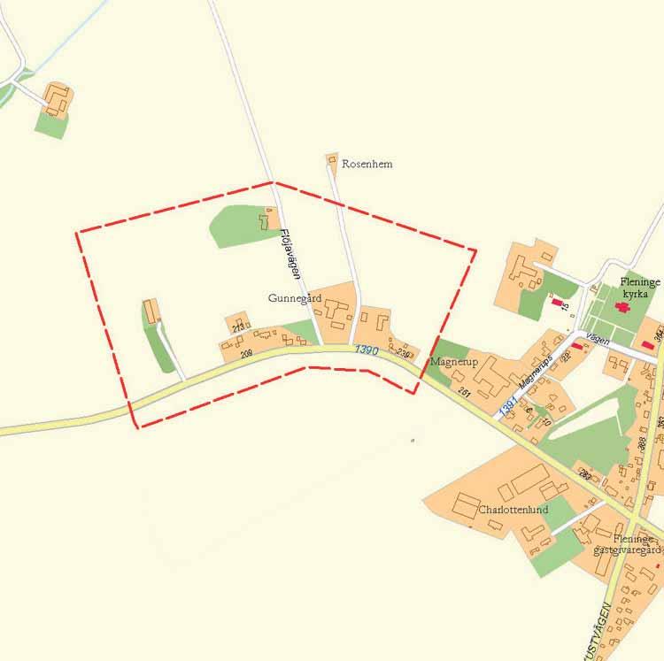 Programområdet Avgränsning I Fleninge ligger programområdet i byns utkant i den nordvästra delen mot Ödåkra samhälle. Området är omgärdat av jordbruksmark i väster och norr.