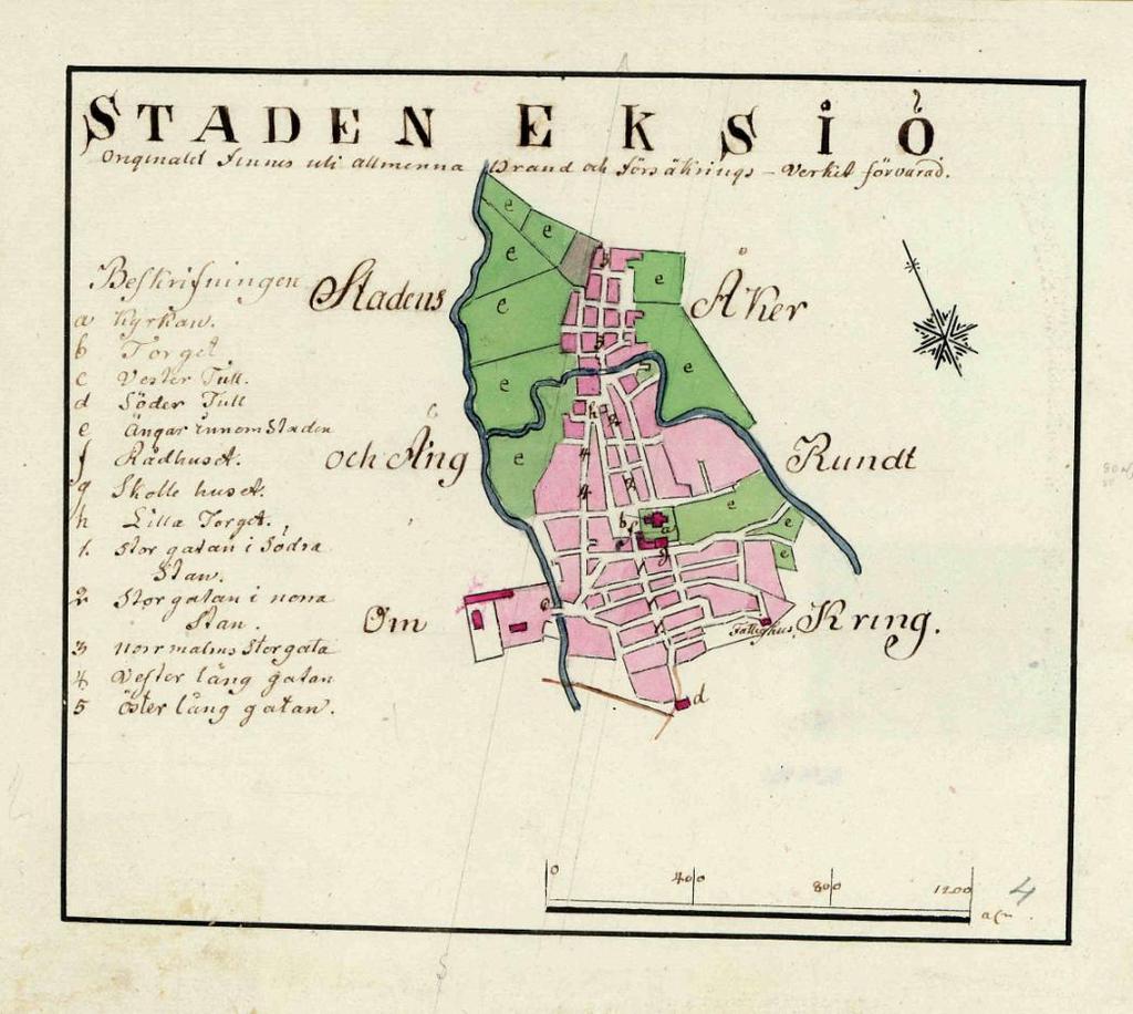 Eksjö vid 1700-talets slut (enligt Wiblingen). Den medeltida staden låg i dalen i sv, men efter en brand bestämde Johan III att den skulle flyttas till åsen där kyrkan nu ligger.