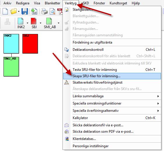 Filöverföring, enstaka deklaration Öppna den deklaration du vill skicka. Gå till Verktyg Skapa SRU-filer för inlämning. Du kommer nu till en guide i tre steg.