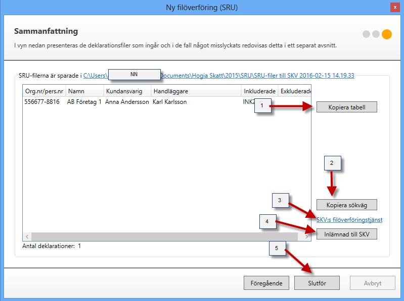 Steg 3, Sammanfattning I det sista steget presenteras den deklarationsfil som valts och om något misslyckats visas detta i ett separat avsnitt.