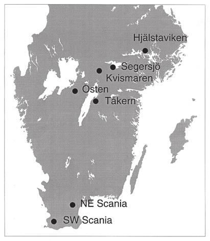 Figur 1. Important goose areas in south Sweden. Viktiga gåsområden i södra Sverige. wide surveys of the Greylag Goose were initiated in September (cf. Andersson & Nilsson in prep.).