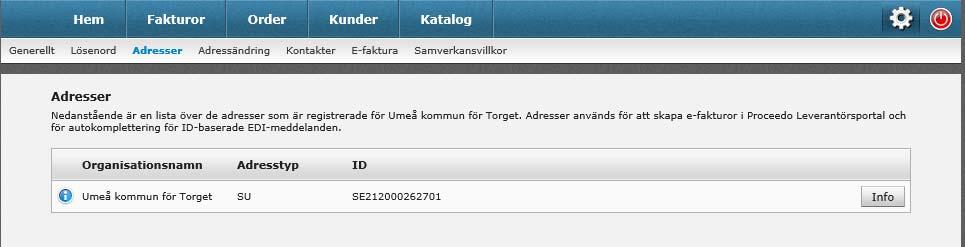 I fliken Adresser kan du lägga till information om din organisation som kommer att finnas på de
