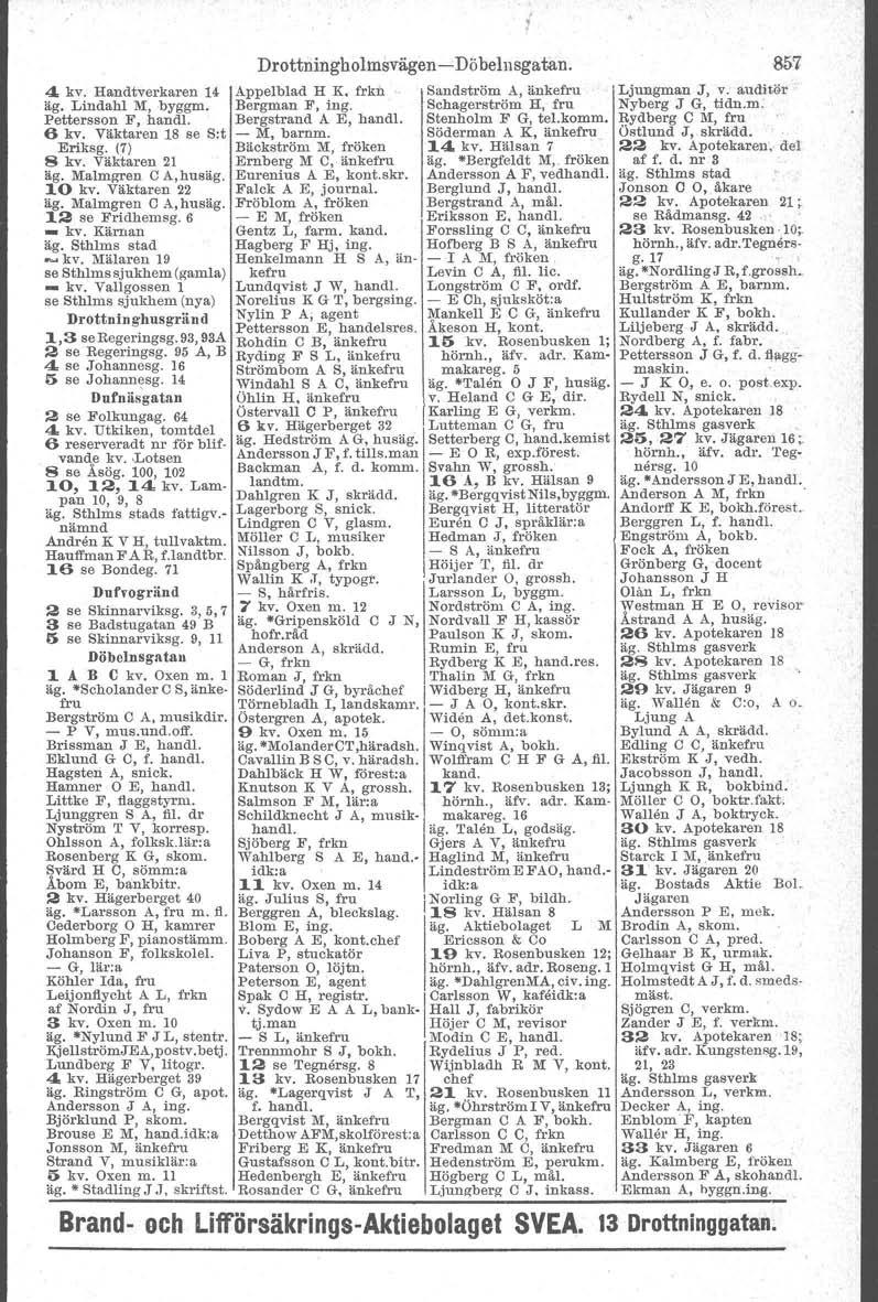 4 kv. Handtverkaren 14 Appelblad H K. frkn äg. Lindahl M, byggm. Pettersson F, handl. 6 kv. Väktaren 18 se Sot Eriksg. (7) 8 kv. Väktaren 21 ag. Malmgren C A,husäg. 10 kv.