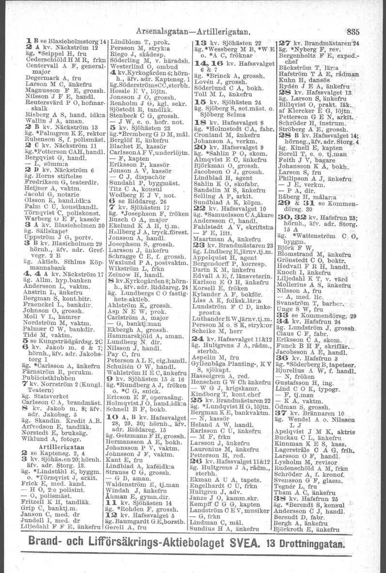 Arsenalsgatan- Artillerigatan. 1B se Blasieholmstorg 14 Lindblom T, prok, 13kv. Sjöhästen 22 2 A. kv. Näckström 12 Persson M, stryk:a. äg. Wessberg M B,.W E äg. Seippel H, fru Riego J, skådesp. o.