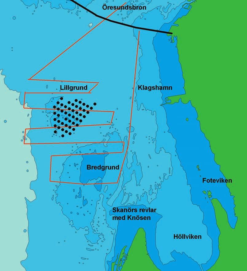 Wind turbines at Lillgrund are shown with black dots. Inserted map of south Sweden showing the position of the study area.