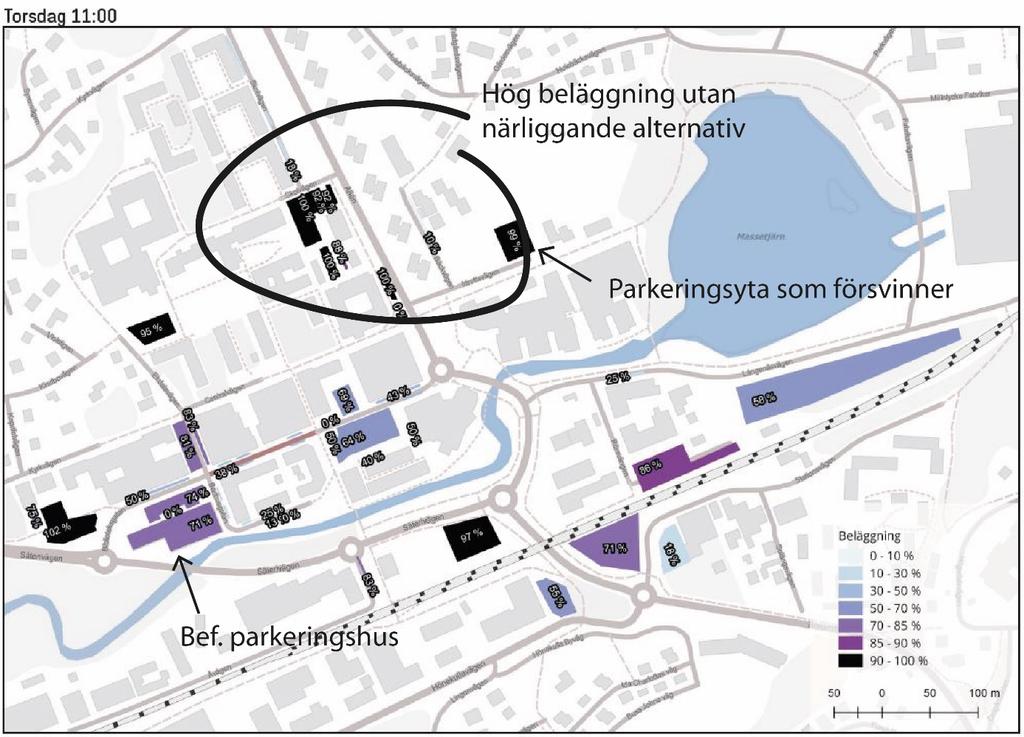 Dagens parkeringssituation Karta 2: Kartan visar beläggning på parkeringarna i Mölnlycke under en vardag. Ljust blå motsvarar låg beläggningsgrad och mörkt lila-svart motsvarar hög beläggning.