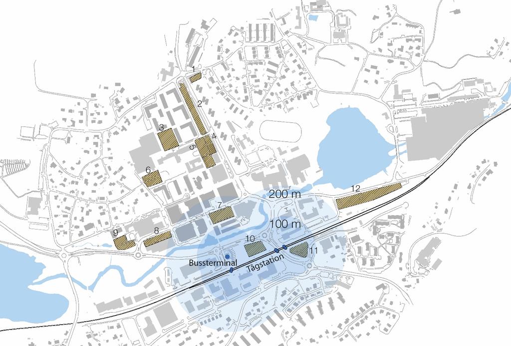 Bussterminal och tågstation Karta 4: Inom 200 meter från bussterminalen och tågstationen ligger yta 10, 11 och 7.