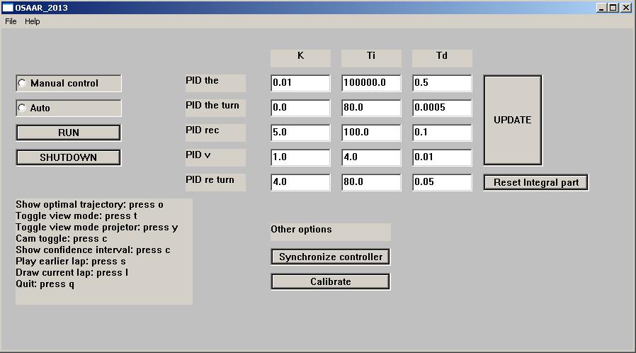 LiU Racetrack 6 Figur 5: Uppstartsmenyn, alternativt GUI:t till projektet. Här väljer användaren om bilen ska köra manuellt eller autonomt samt om regulatorinställningarna ska ändras. 3.