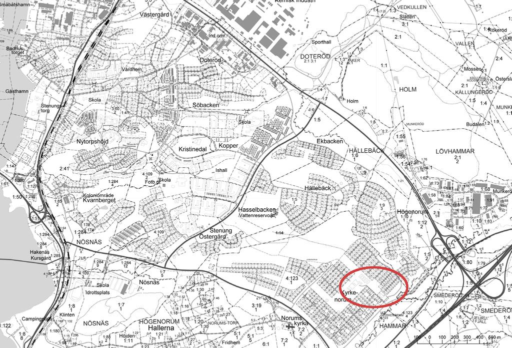 3(13) Översiktskarta PLANDATA Läge och avgränsning Planområdet är beläget i sydöstra delen av Stenungsund ca 3 km sydost om järnvägsstationen och ca 700m nordost om Norums kyrka.