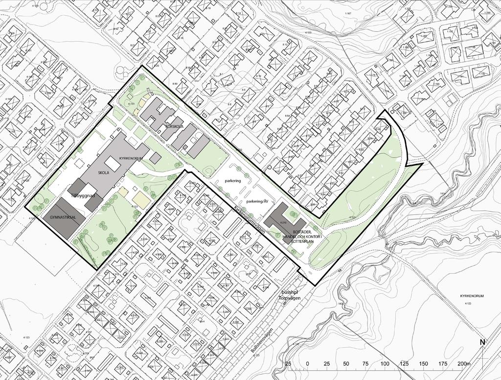 detaljplan för skola och bostäder, Kyrkenorum 4:210 och del av 4:123 6(13) Nya byggnader inom skolområdet får uppföras med en högsta byggnadshöjd om 7 meter respektive 10 meter.