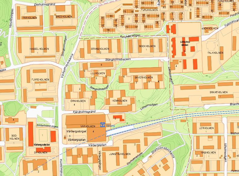 Sida 6(12) Figur 1. Karta med Markanvisningsområdet markerat med röd heldragen linje, samt Vårbergs Centrum markerat med blå heldragen linje, inom Skärholmens Stadsdelsområde.