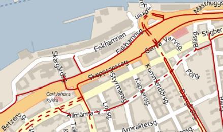 4 Klöverns fastigheter Hållplats Kaptensgatan Bilpool Lotsgatan Figur 2-2 Utdrag från Trafiken.nu, cykelreseplanerare. Bilpoolen i Majnabbe ligger utanför kartbilden till väster om Betzensgatan.