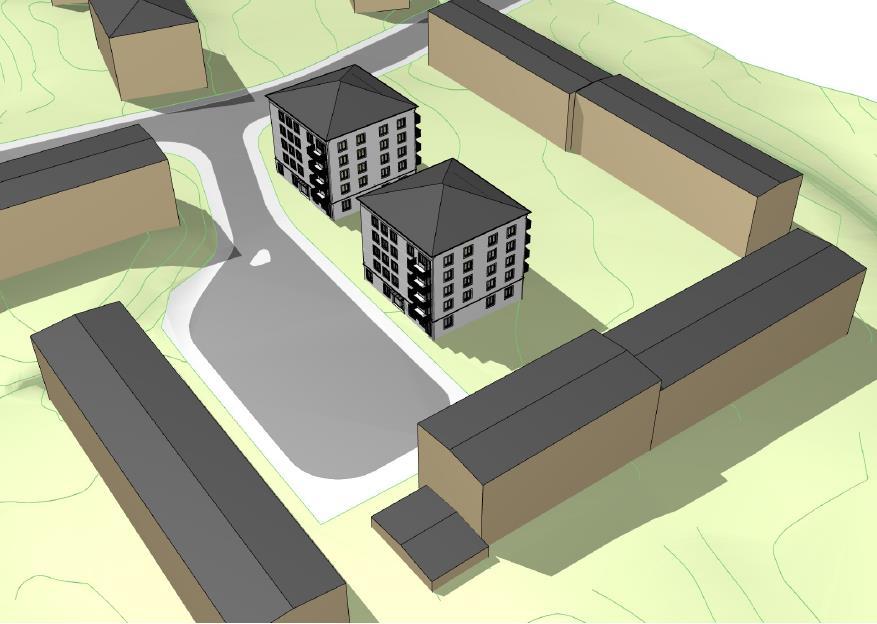 Dagvattenutredning kvarteret Dalarö Sida 9 (19) På fastigheten planeras att uppföras två byggnader om 5 våningar vardera, se figur nedan. Figur 6. Tillkommande byggnadernas utformning och placering.