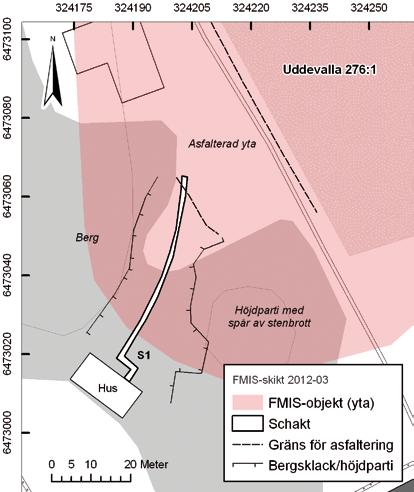 Schaktningsövervakning i Gräskärr 7 Figur 3.Översikt över schakt 1 med närliggande topografi. Skala 1:1 000. Godkänd ur sekretessynpunkt för spridning. Lantmäteriet 2012-04-25. Dnr 601-2012/2014.