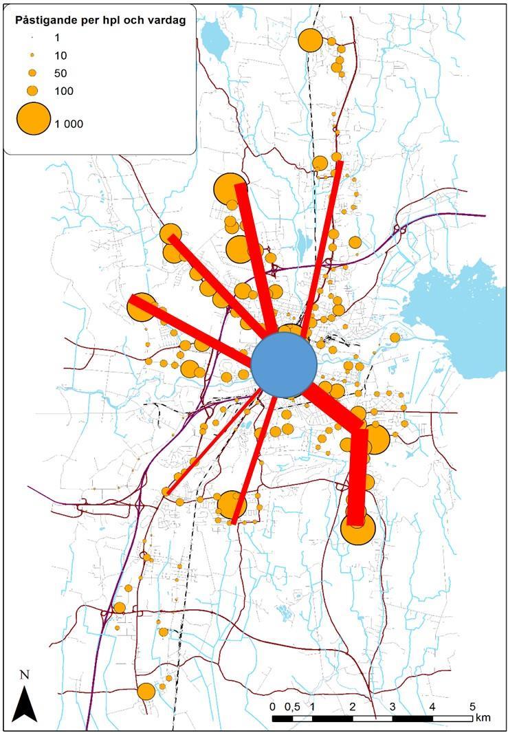 Kollektivtrafikresandet följer samma mönster som befolkningskoncentrationen i staden, d.v.s. mest resor i en nordvästlig-sydostlig axel.