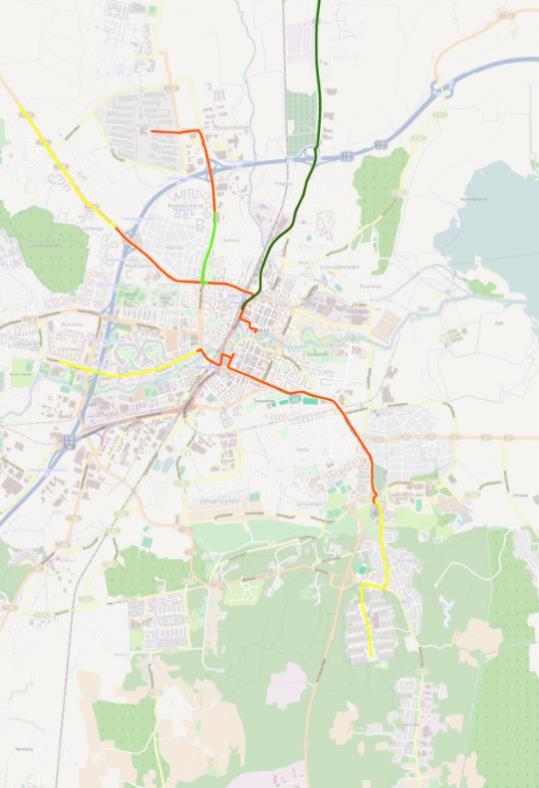 kartbilden är det svårare att tolka vilket linjeskaft som är det tredje största. Skaftet Björkhaga är egentligen tudelat och resandet fördelas på två körvägar västerut mot Björkhaga.