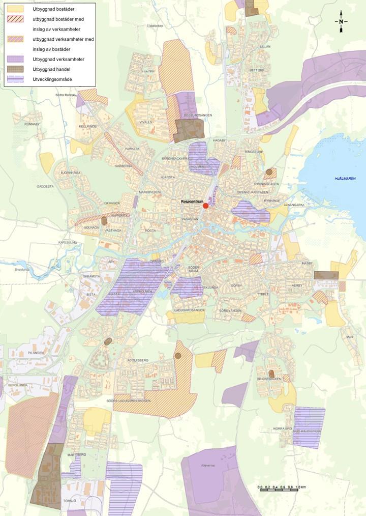 Figur 3-14 Sammanfattande karta över utbyggnadsområden för bostäder och verksamheter.