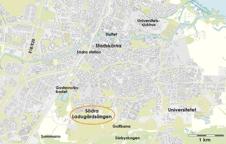 Södra Ladugårdsängen Den befintliga delen av Ladugårdsängen byggdes som en bomässa 1992 (Bo92). Området har sedan dess kompletterats med bostäder i norra delen.