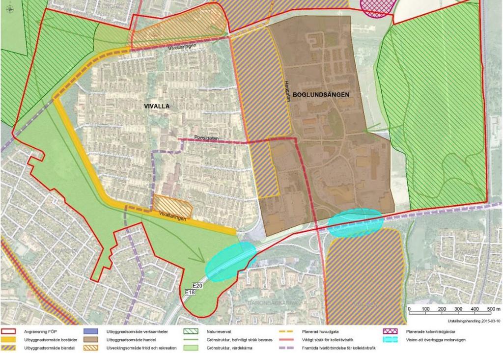 Figur 3-17 Kartan visar ställningstaganden från den kommunomfattande översiktsplanen i och runt planområdet. Källa: Fördjupning av översiktsplanen för Vivalla och Boglundsängen.