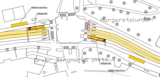 Figur 4-1 Föreslagen utformning för hållplats Behrn Arena. Som en följd av att två körfält överlåts till kollektivtrafiken blir det på delar av sträckan mycket trångt för biltrafiken.