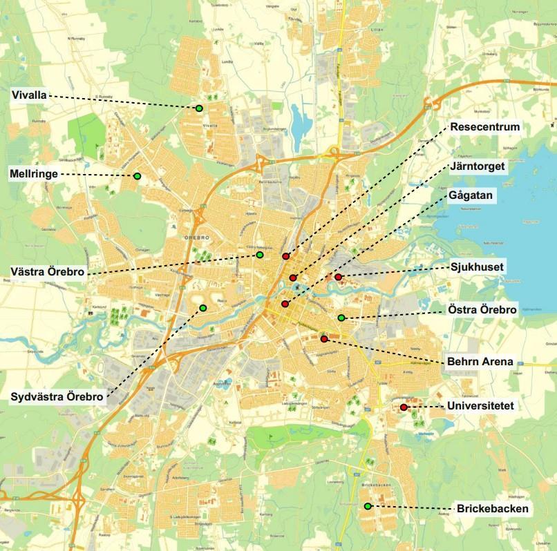 Figur 6-2 De valda start- och målpunkternas lokalisering i Örebro. Grön markering avser startpunkt, röd markering avser målpunkt.