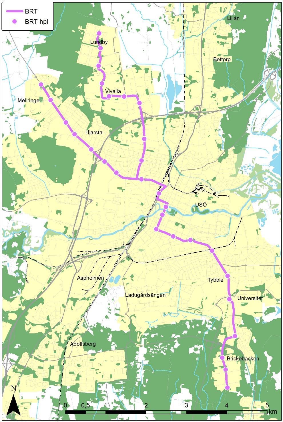 Figur 8-1 Föreslagna BRT-sträckningar och hållplatser.