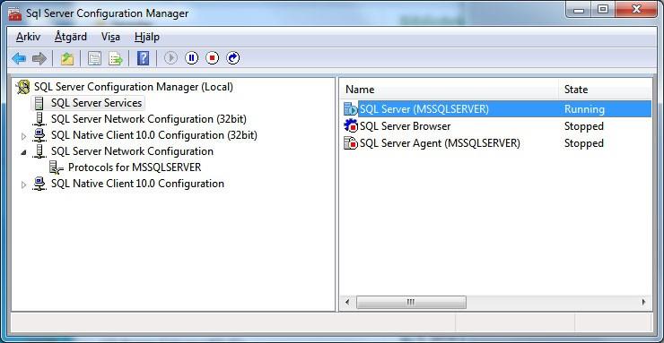 5. Starta sedan om SQL Servern genom att markera SQL Server Services och SQL Server (MSSQLSERVER) 6.