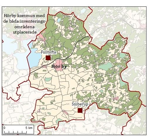 Figur 1. Hörby kommun med de båda studerade områdena. Kartan har omarbetats utifrån GSD-översiktskartan. Lantmäteriet Diarienr 2012/892.