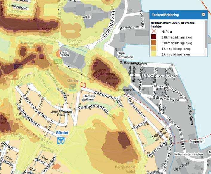 Figur 12. Kartan visar ett utsnitt av stadens habitatnätverk för ek. Ju mörkare färg desto starkare samband.