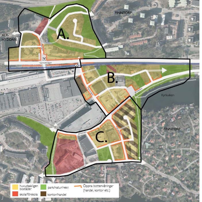 Figur 9 Program för Planiaområdet Område A innehåller, 700 nya bostäder, 10 000 kvm handel/kontor och 4 000 kvm skola/förskola.